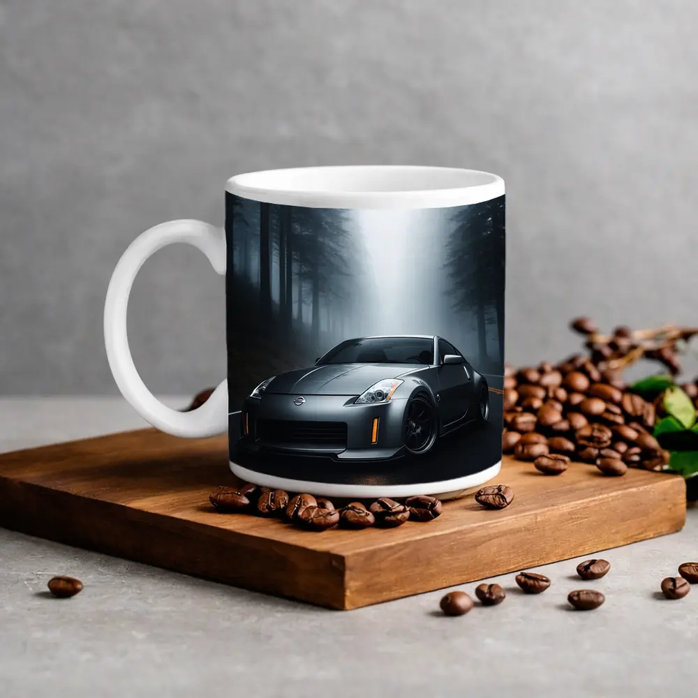 Nissan 350Z Driving Through Foggy Forest Road – Mugs