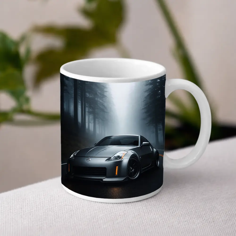 Nissan 350Z Driving Through Foggy Forest Road – Mugs