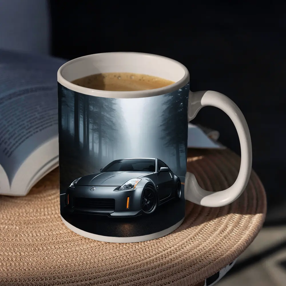 Nissan 350Z Driving Through Foggy Forest Road – Mugs