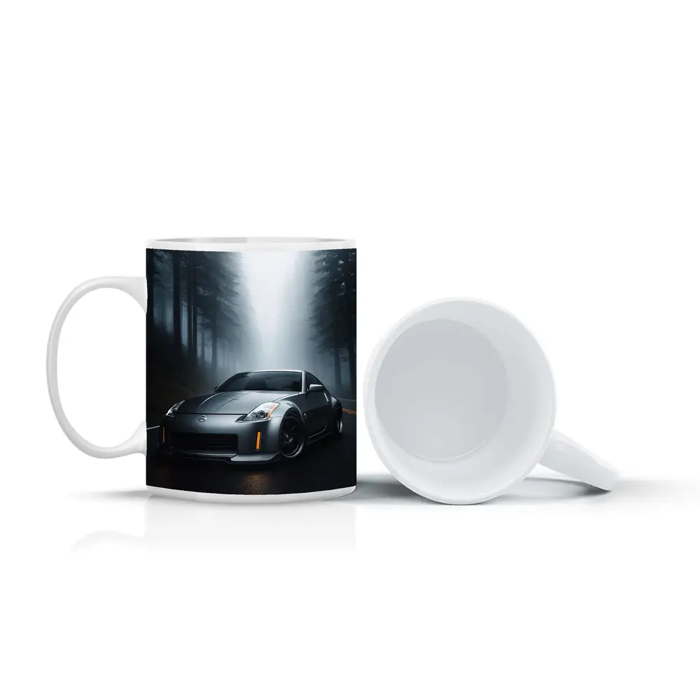 Nissan 350Z Driving Through Foggy Forest Road – Mugs