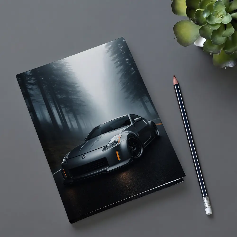 Nissan 350Z Driving Through Foggy Forest Road – Notebooks