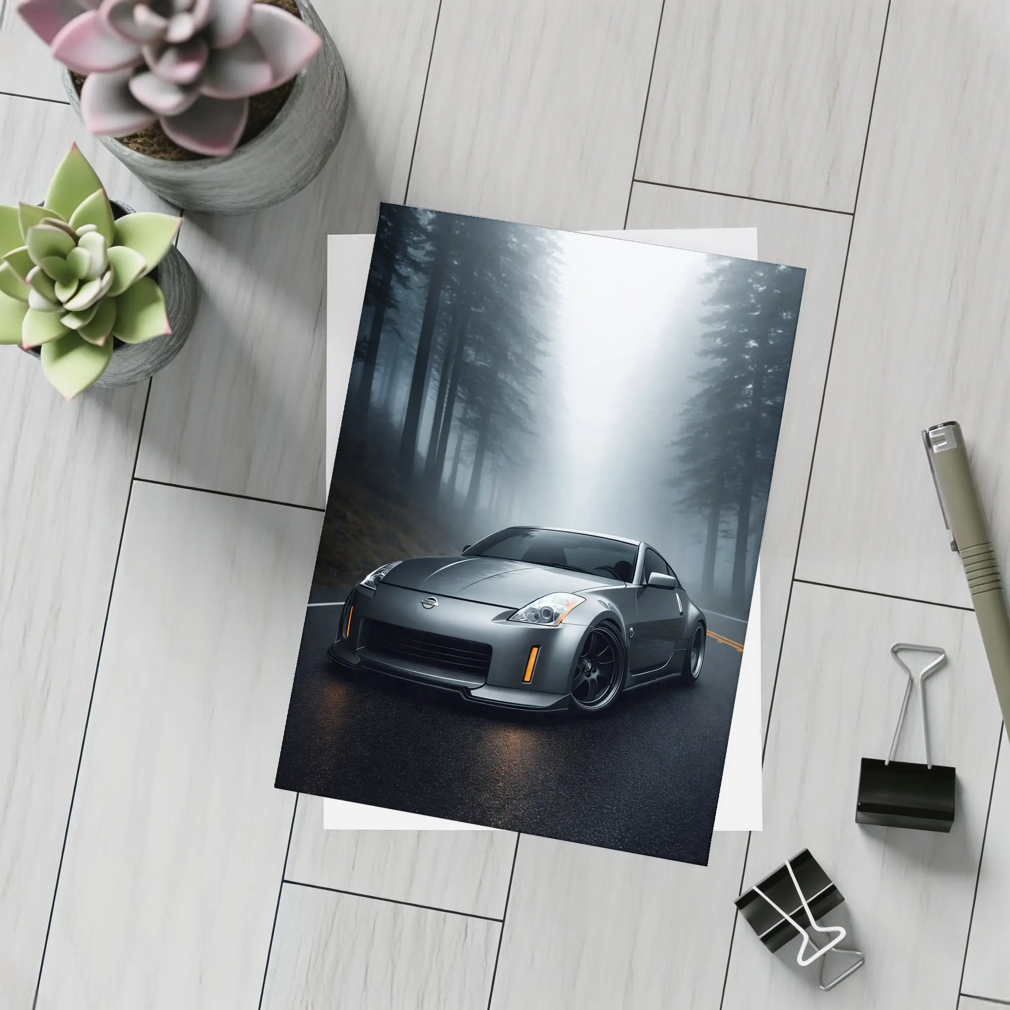 Nissan 350Z Driving Through Foggy Forest Road – Postcards