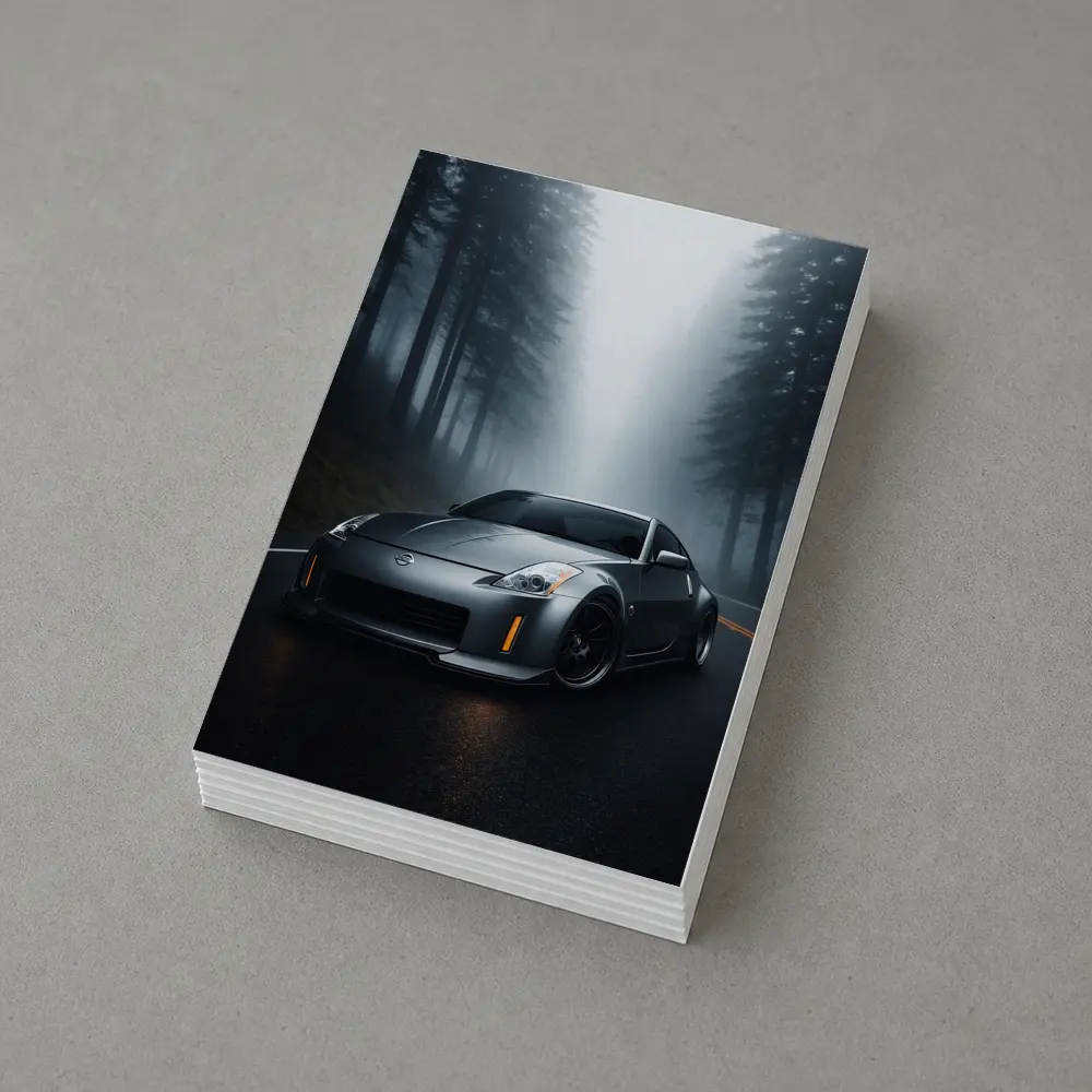 Nissan 350Z Driving Through Foggy Forest Road – Postcards