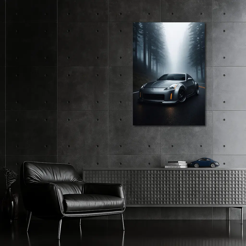 Nissan 350Z Driving Through Foggy Forest Road – Wall Art