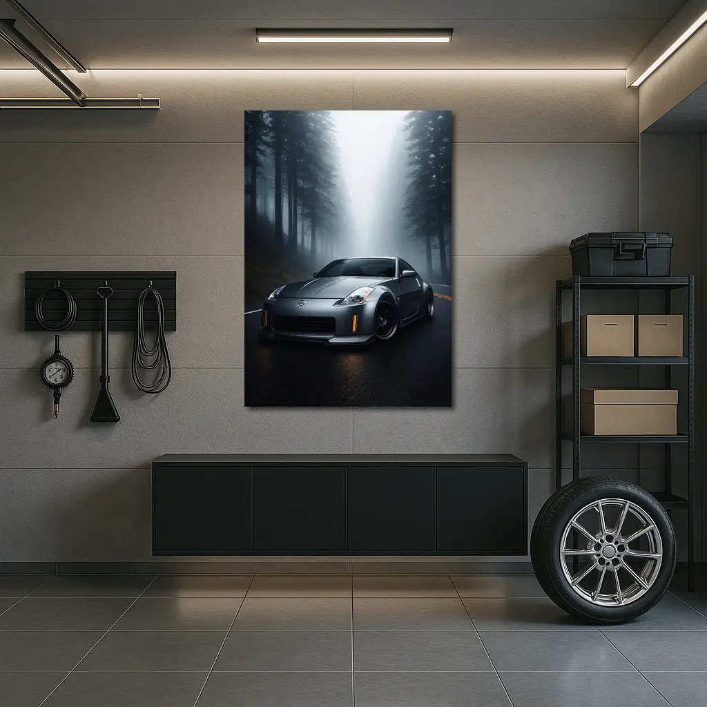 Nissan 350Z Driving Through Foggy Forest Road – Wall Art