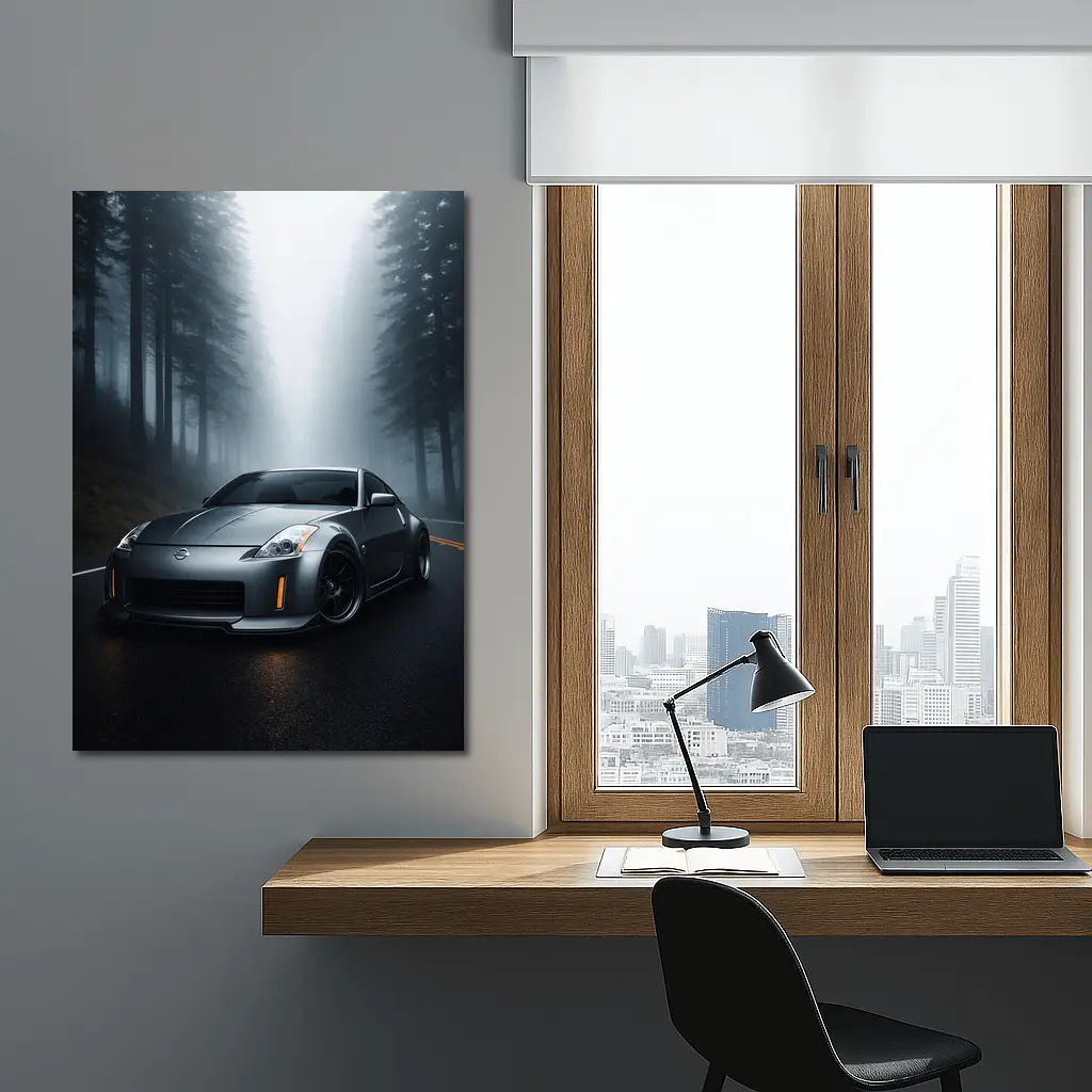 Nissan 350Z Driving Through Foggy Forest Road – Wall Art