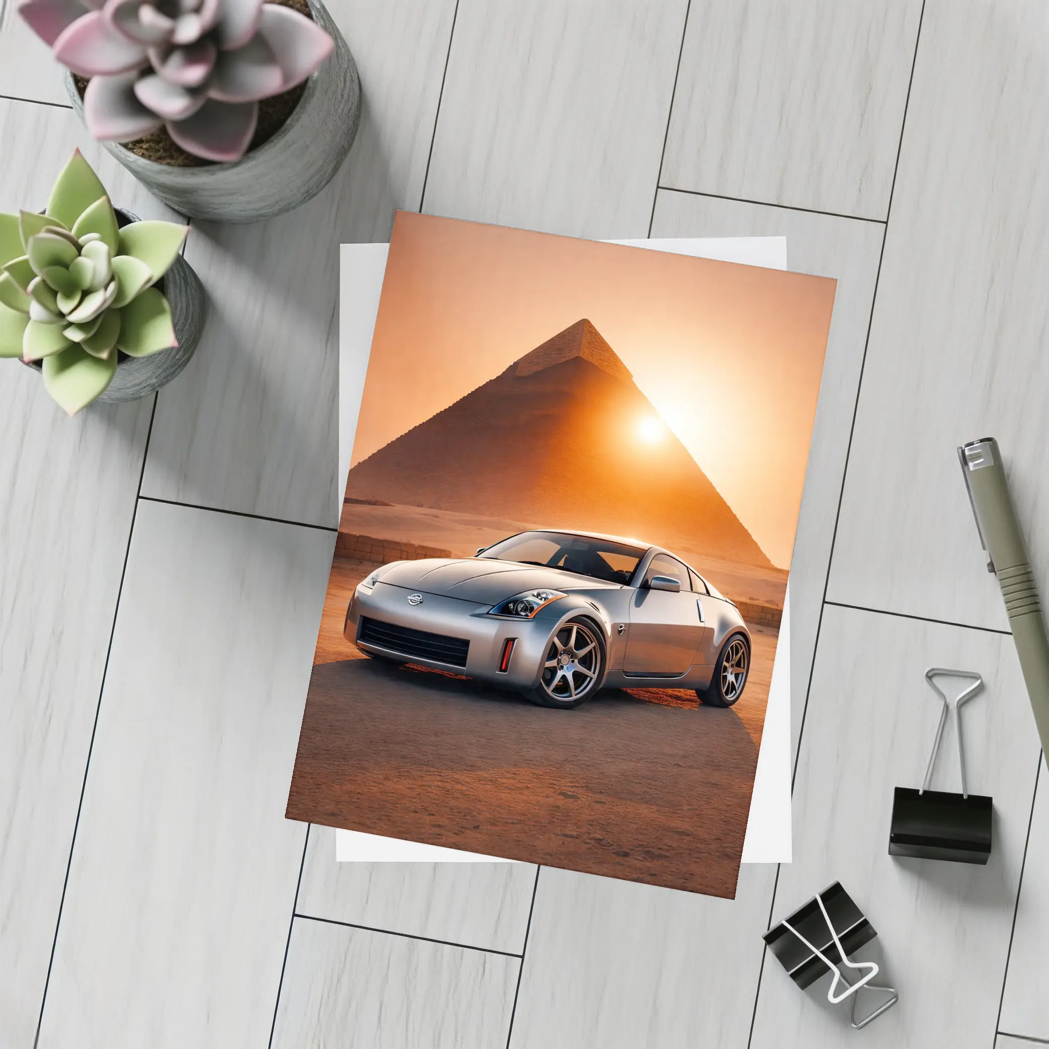 Nissan 350Z Silver Sports Car Egypt Pyramids – Postcards