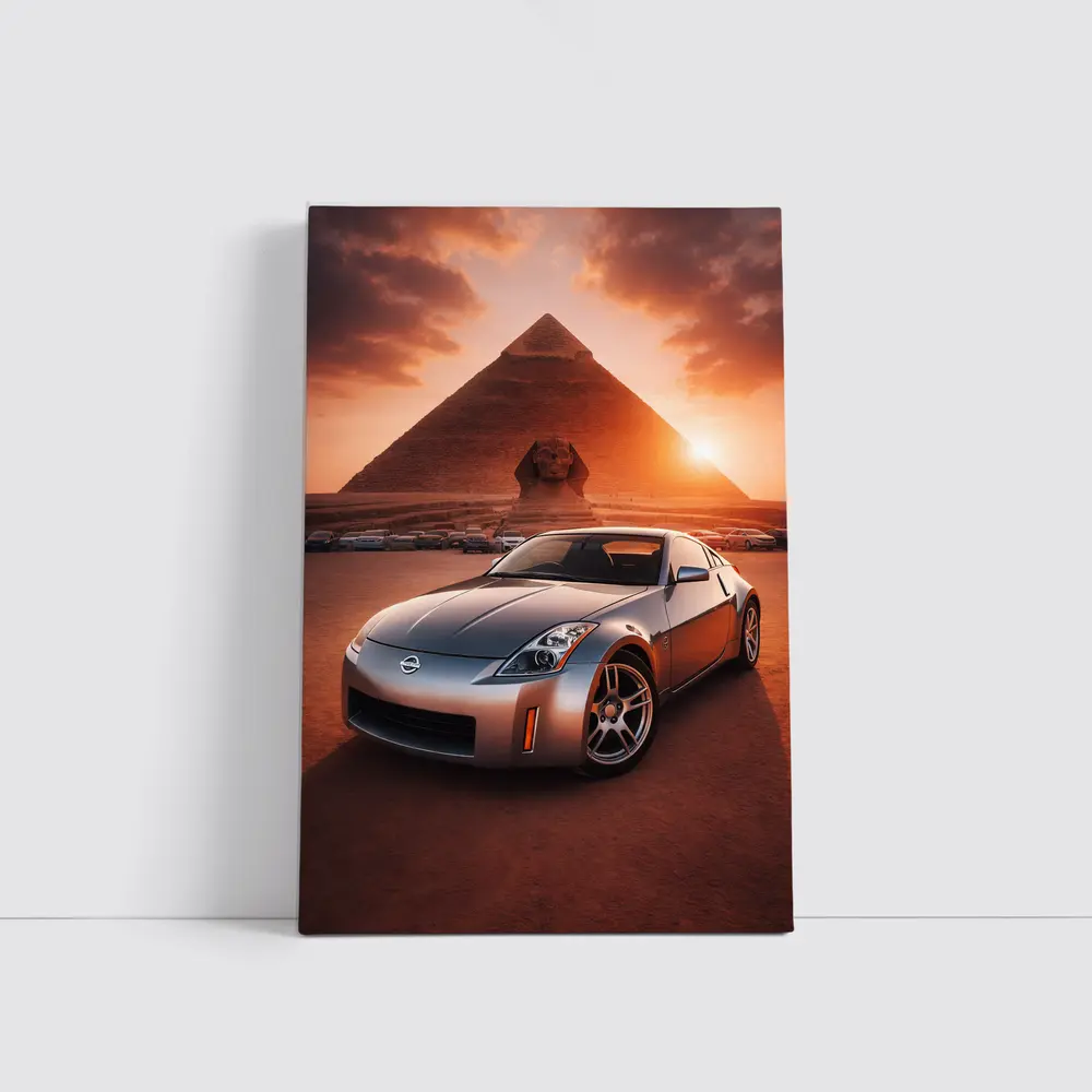 Nissan 350Z Parked Before Egyptian Pyramids Sunset – Wall Art