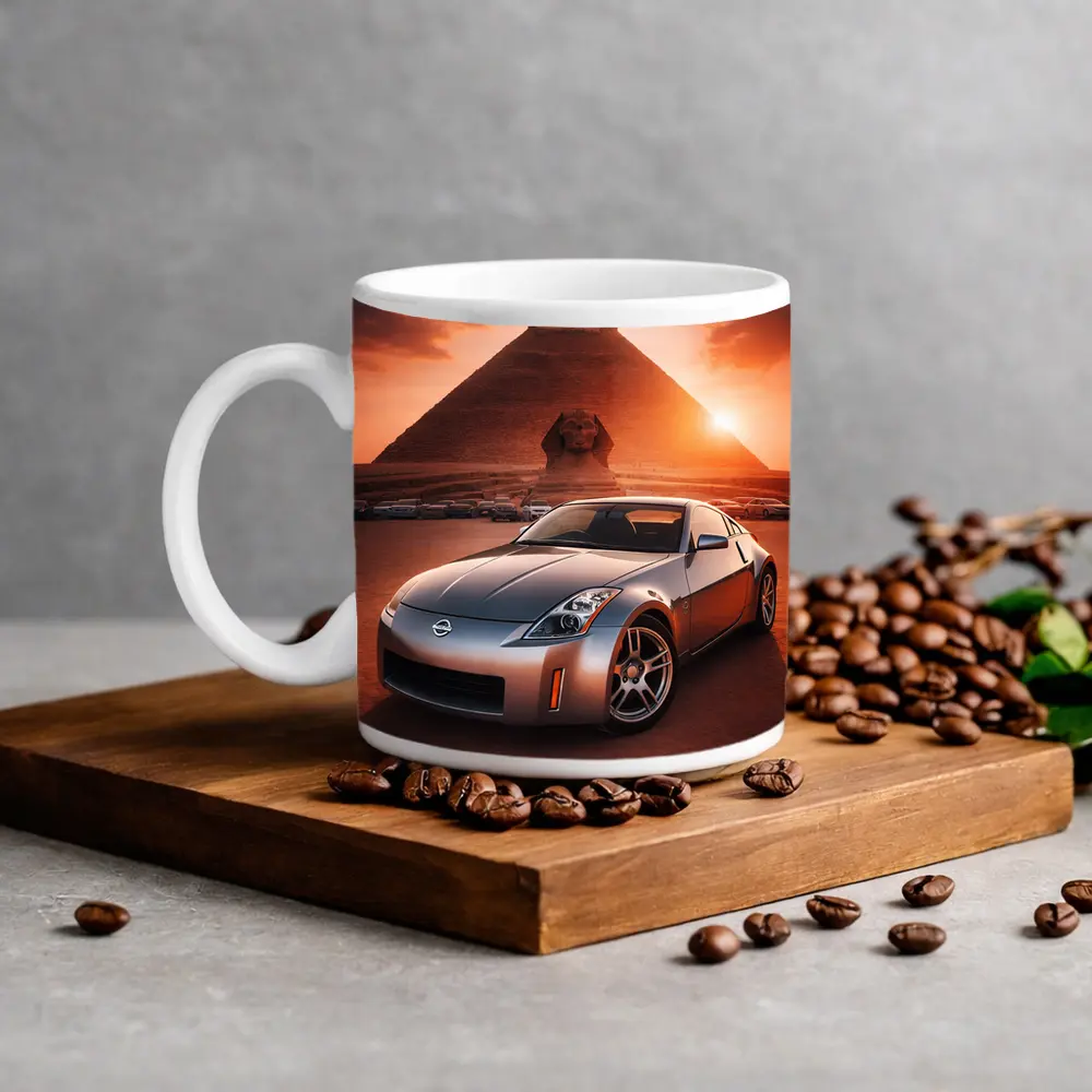 Nissan 350Z Parked Before Egyptian Pyramids Sunset – Mugs