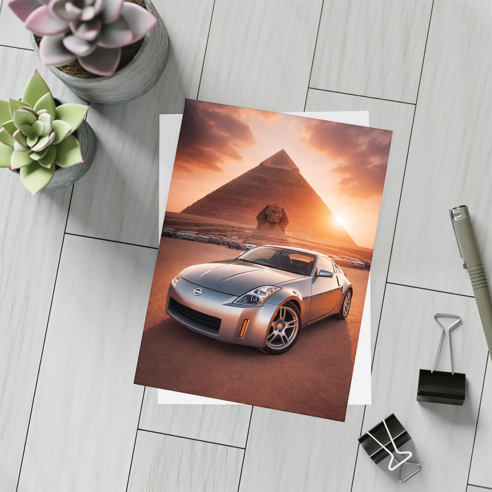 Nissan 350Z Parked Before Egyptian Pyramids Sunset – Postcards