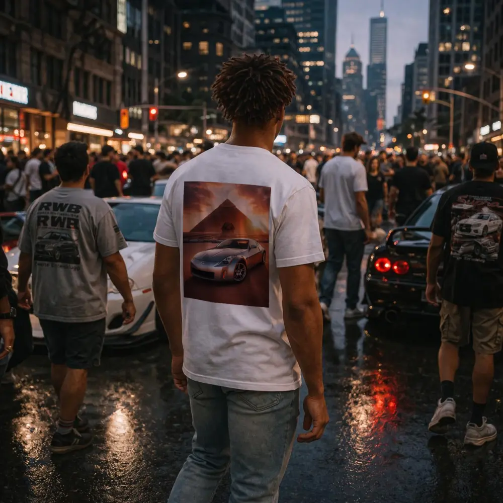 Nissan 350Z Parked Before Egyptian Pyramids Sunset – T-Shirts