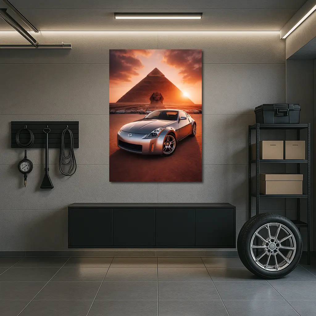 Nissan 350Z Parked Before Egyptian Pyramids Sunset – Wall Art