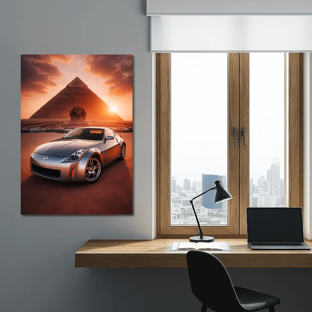 Nissan 350Z Parked Before Egyptian Pyramids Sunset – Wall Art