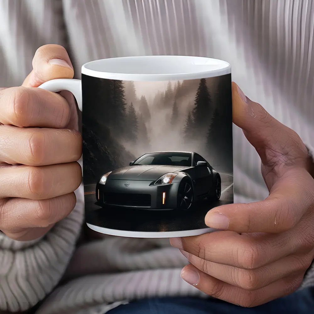 Nissan 350Z Driving Foggy Forest Road – Mugs