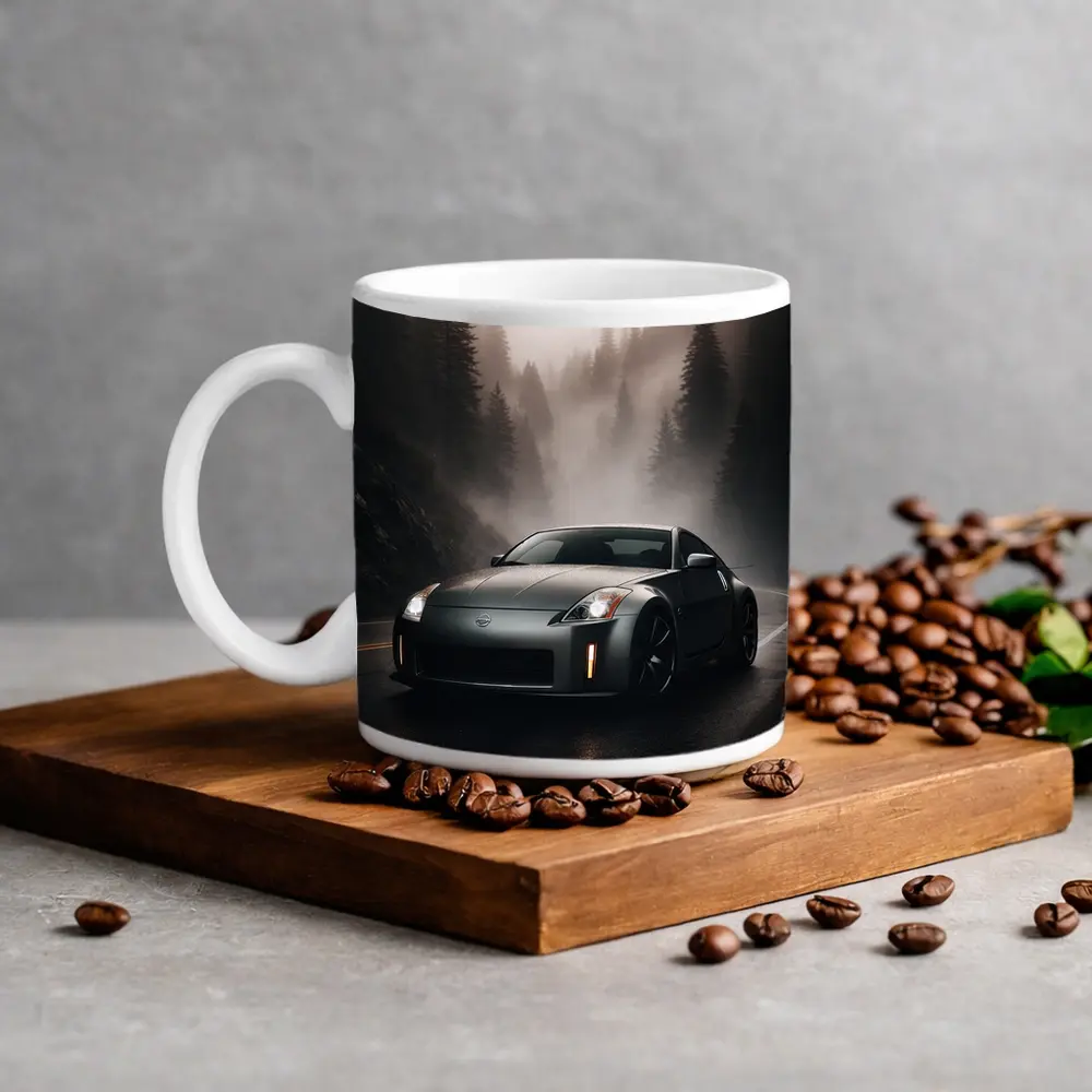 Nissan 350Z Driving Foggy Forest Road – Mugs
