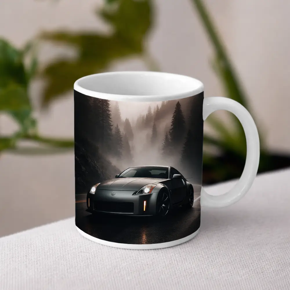 Nissan 350Z Driving Foggy Forest Road – Mugs