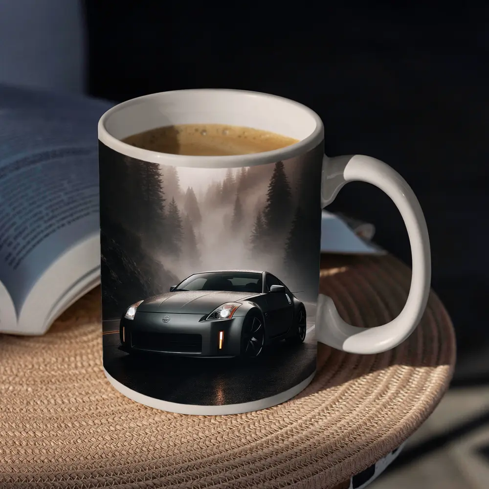 Nissan 350Z Driving Foggy Forest Road – Mugs