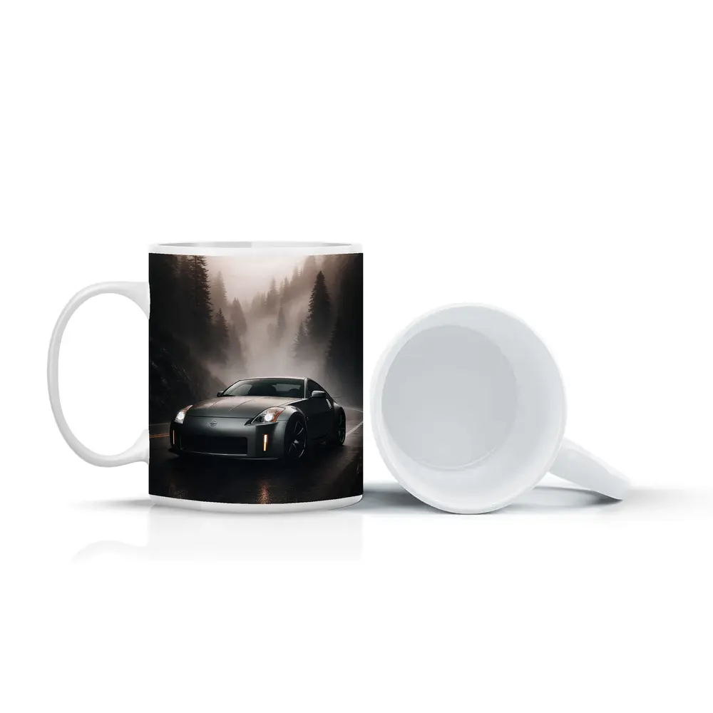 Nissan 350Z Driving Foggy Forest Road – Mugs