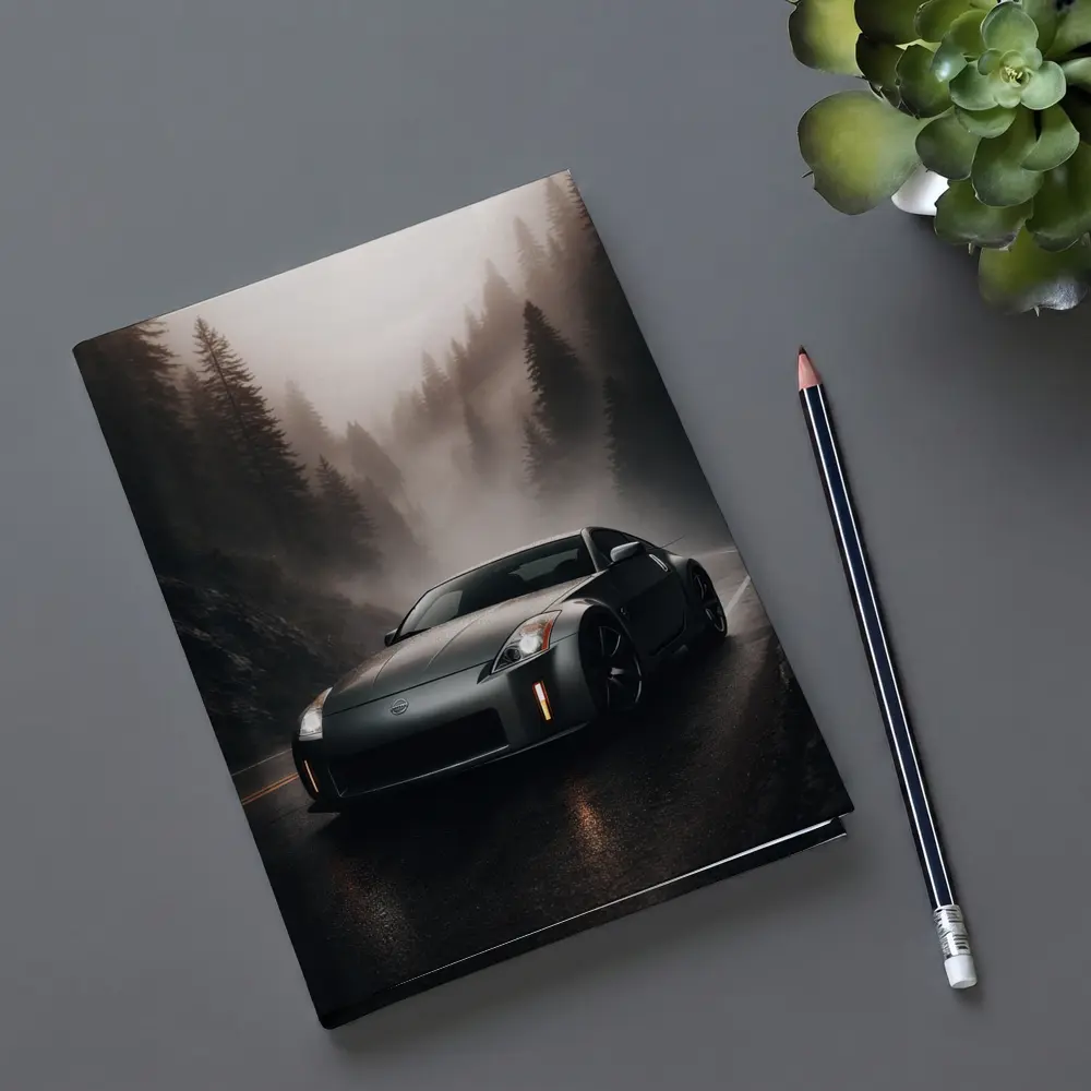 Nissan 350Z Driving Foggy Forest Road – Notebooks