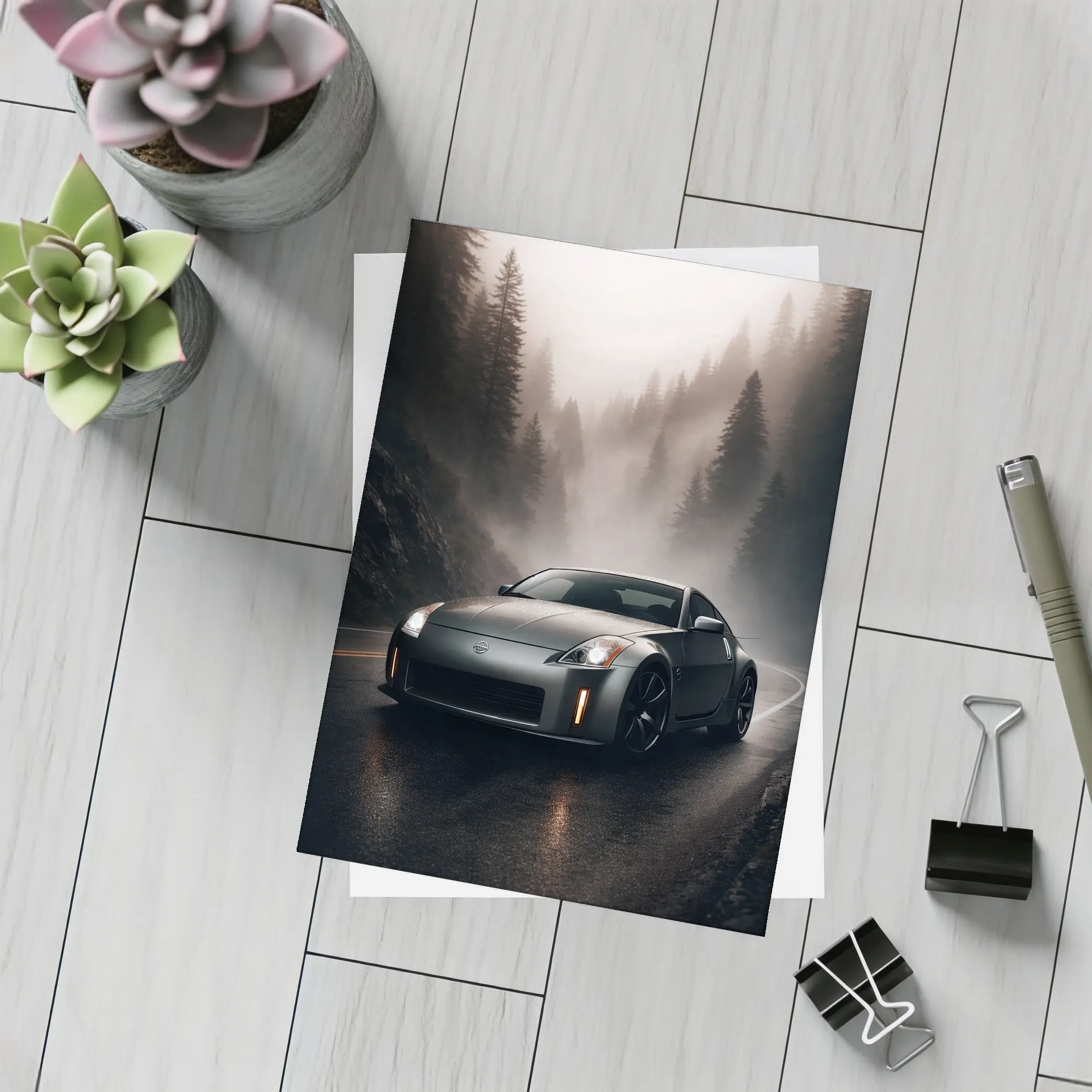 Nissan 350Z Driving Foggy Forest Road – Postcards