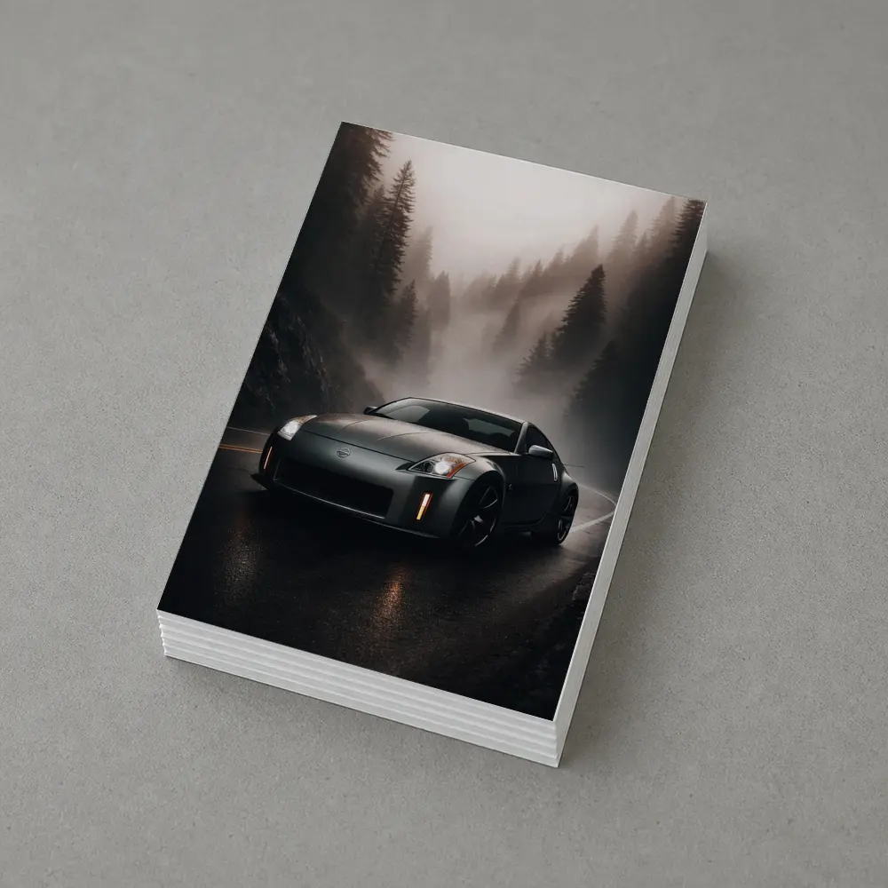 Nissan 350Z Driving Foggy Forest Road – Postcards