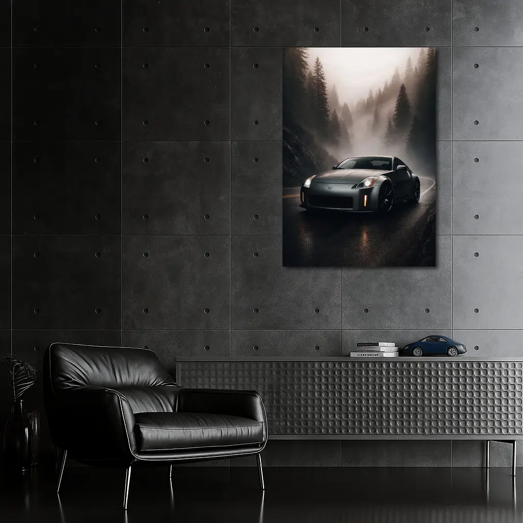 Nissan 350Z Driving Foggy Forest Road – Wall Art