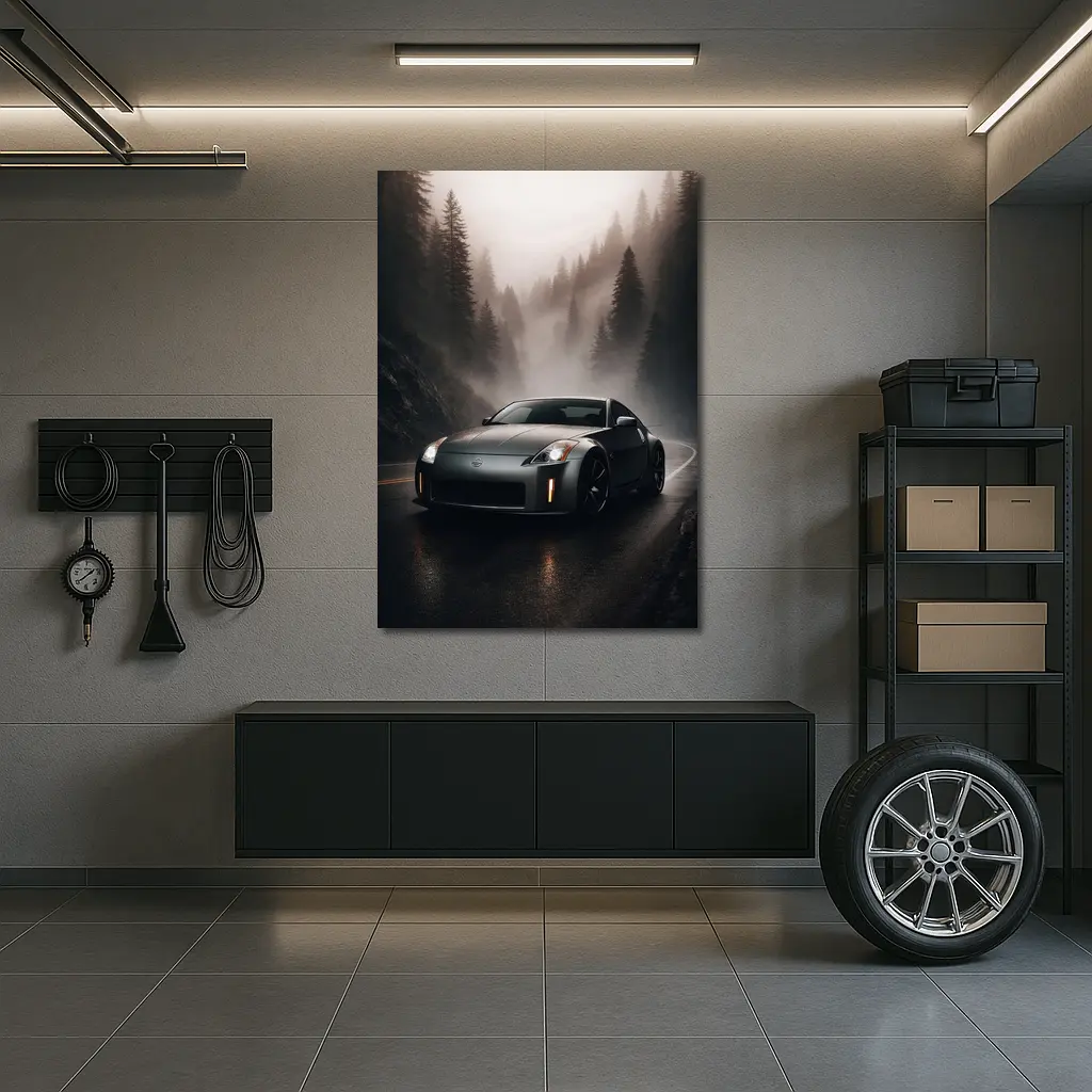 Nissan 350Z Driving Foggy Forest Road – Wall Art
