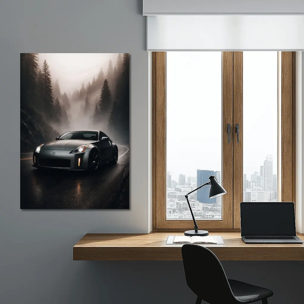 Nissan 350Z Driving Foggy Forest Road – Wall Art