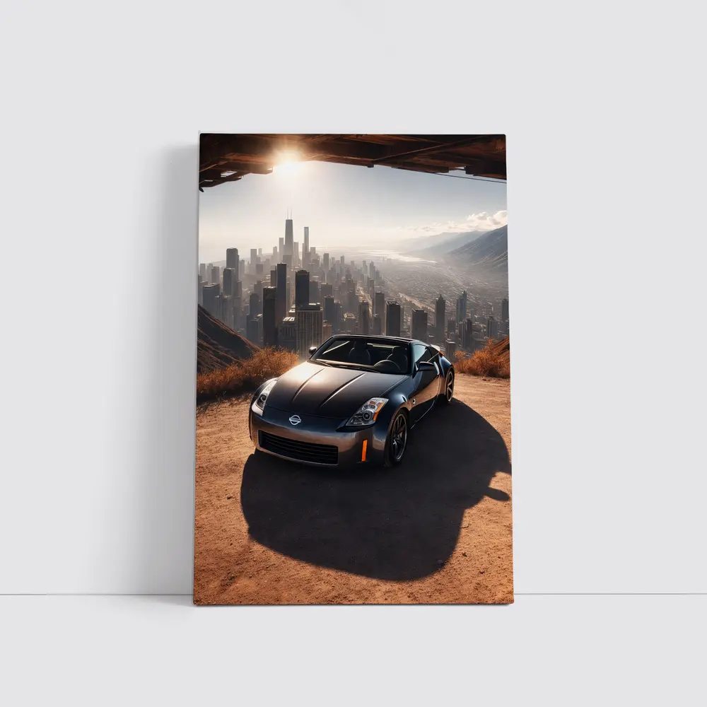 Nissan 350Z Parked Above Hazy City Skyline – Wall Art