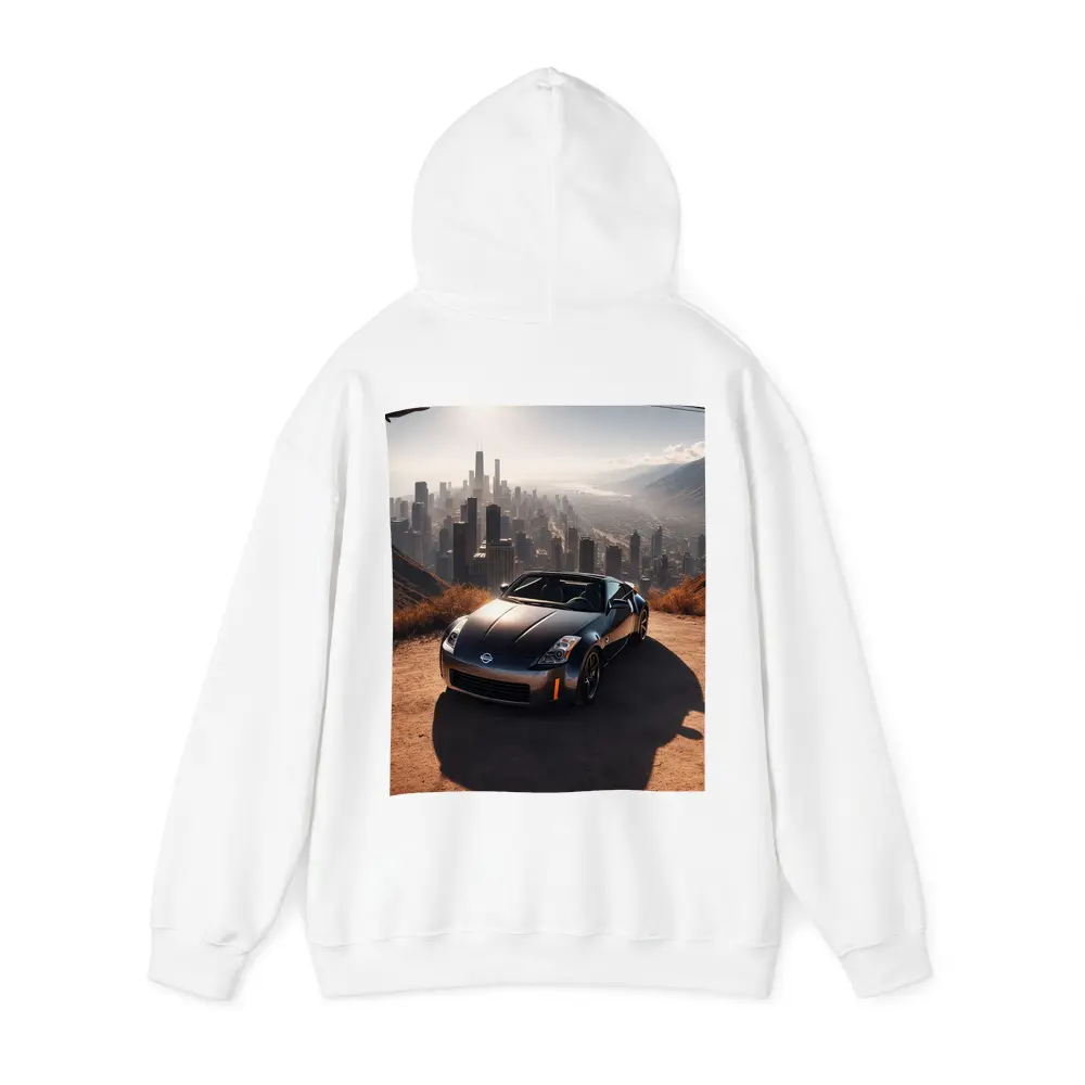 Nissan 350Z Parked Above Hazy City Skyline – Hoodies