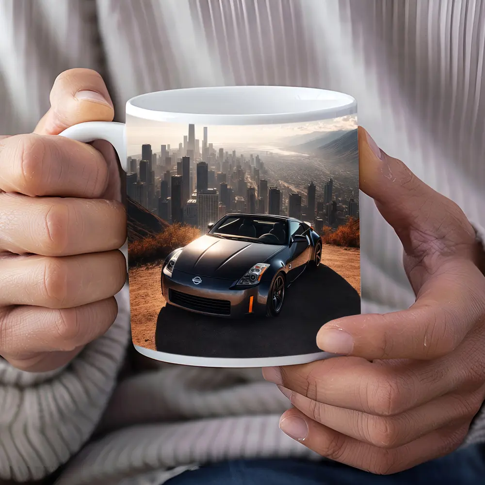 Nissan 350Z Parked Above Hazy City Skyline – Mugs