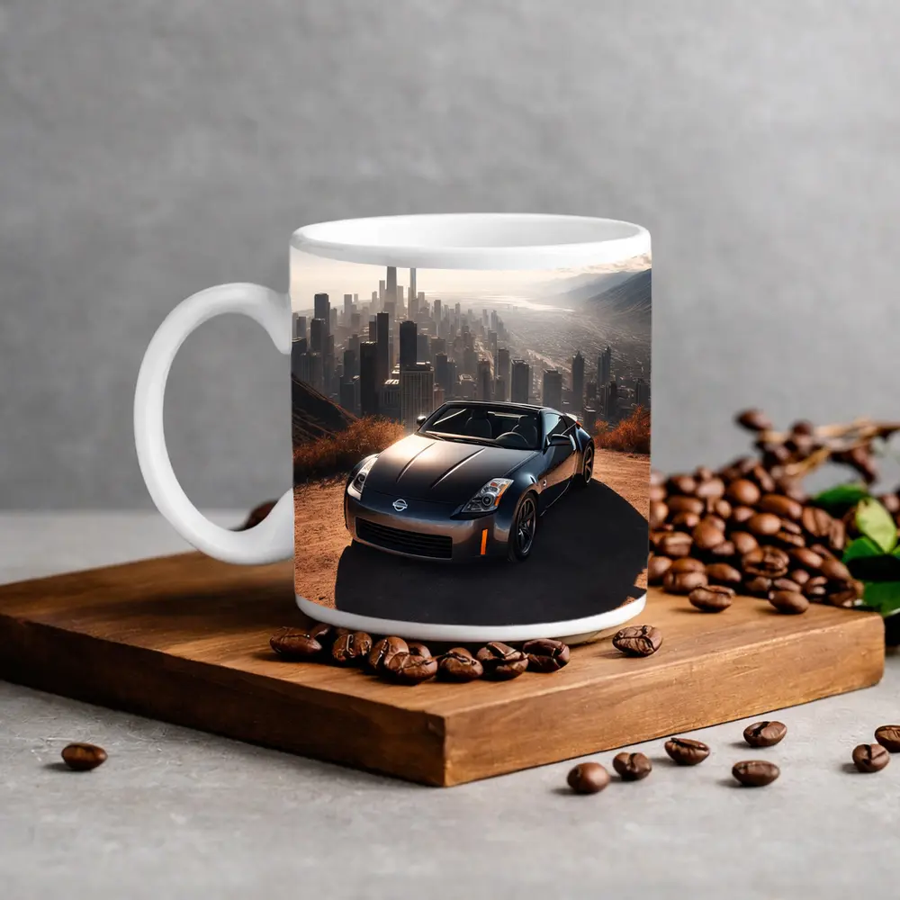 Nissan 350Z Parked Above Hazy City Skyline – Mugs
