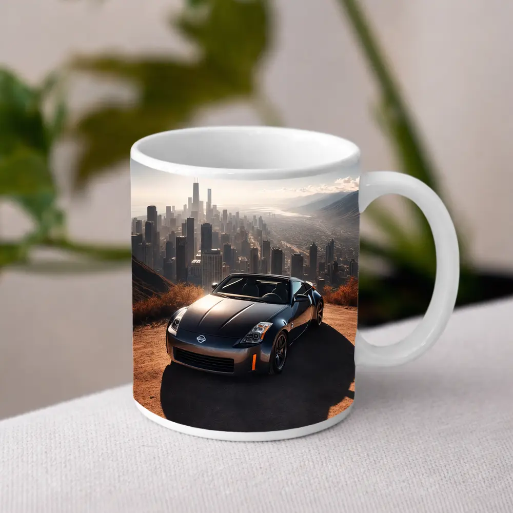 Nissan 350Z Parked Above Hazy City Skyline – Mugs