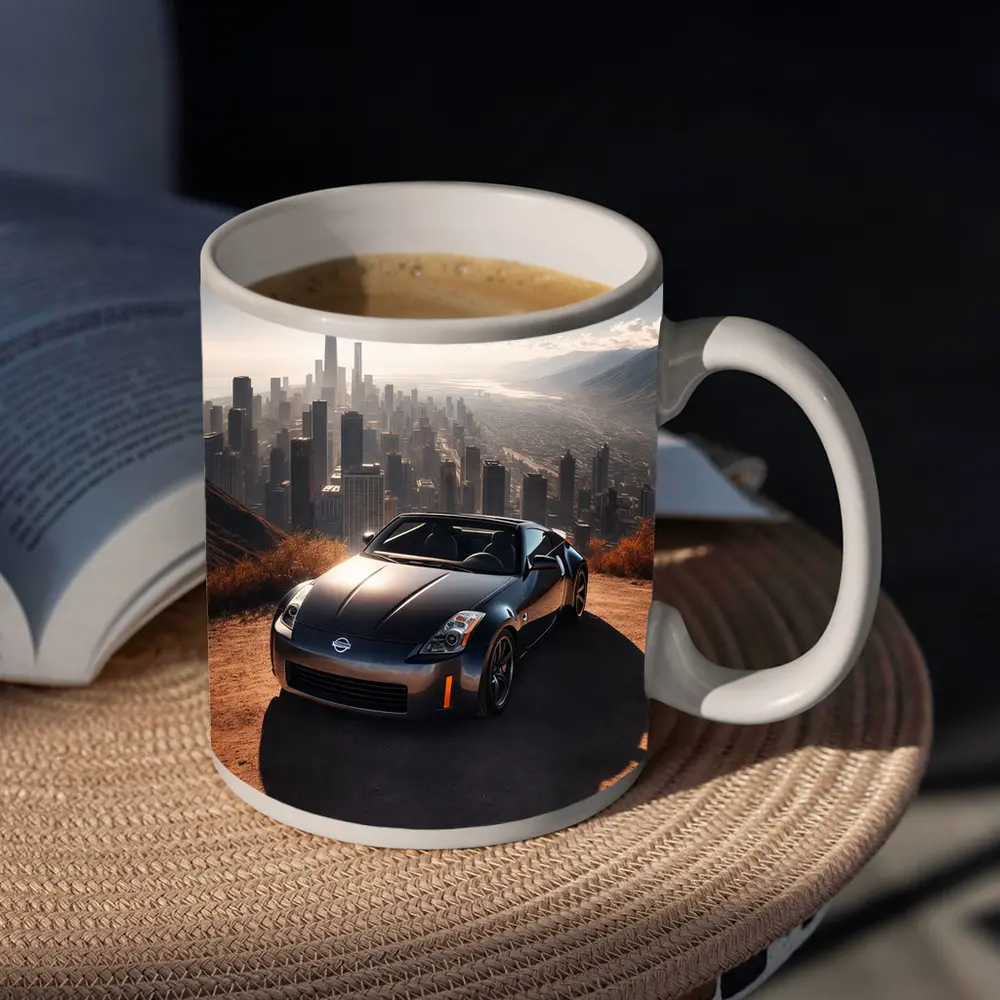 Nissan 350Z Parked Above Hazy City Skyline – Mugs