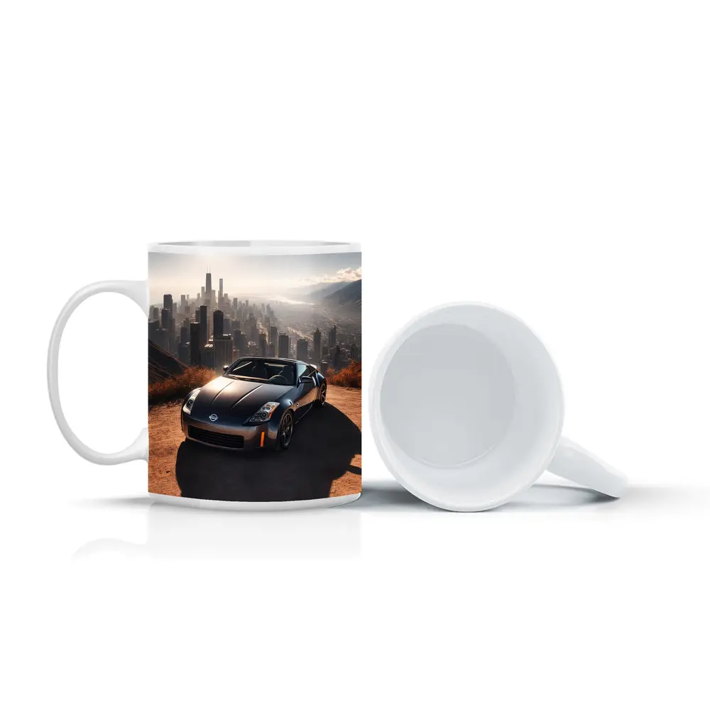 Nissan 350Z Parked Above Hazy City Skyline – Mugs