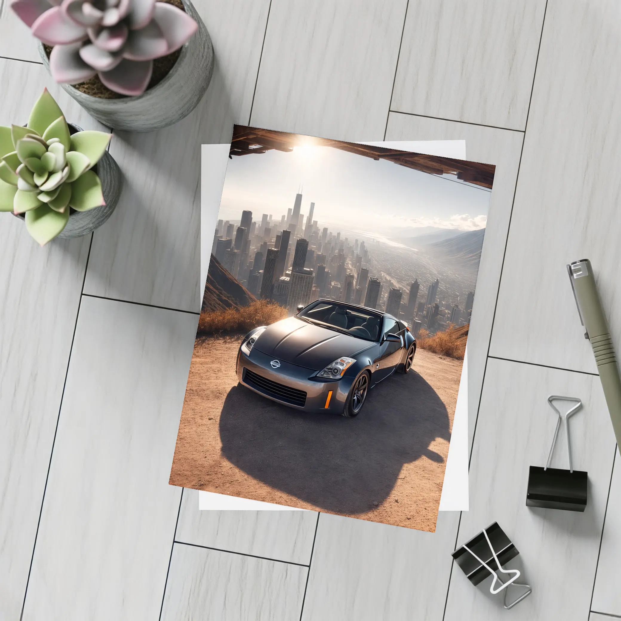 Nissan 350Z Parked Above Hazy City Skyline – Postcards