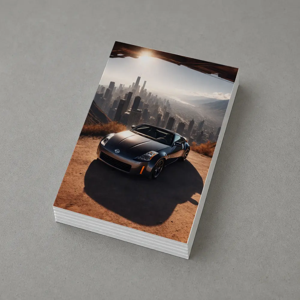 Nissan 350Z Parked Above Hazy City Skyline – Postcards