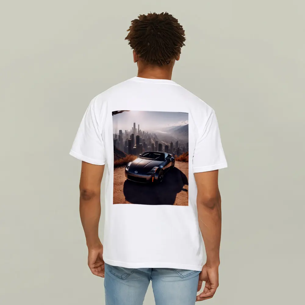 Nissan 350Z Parked Above Hazy City Skyline – T-Shirts