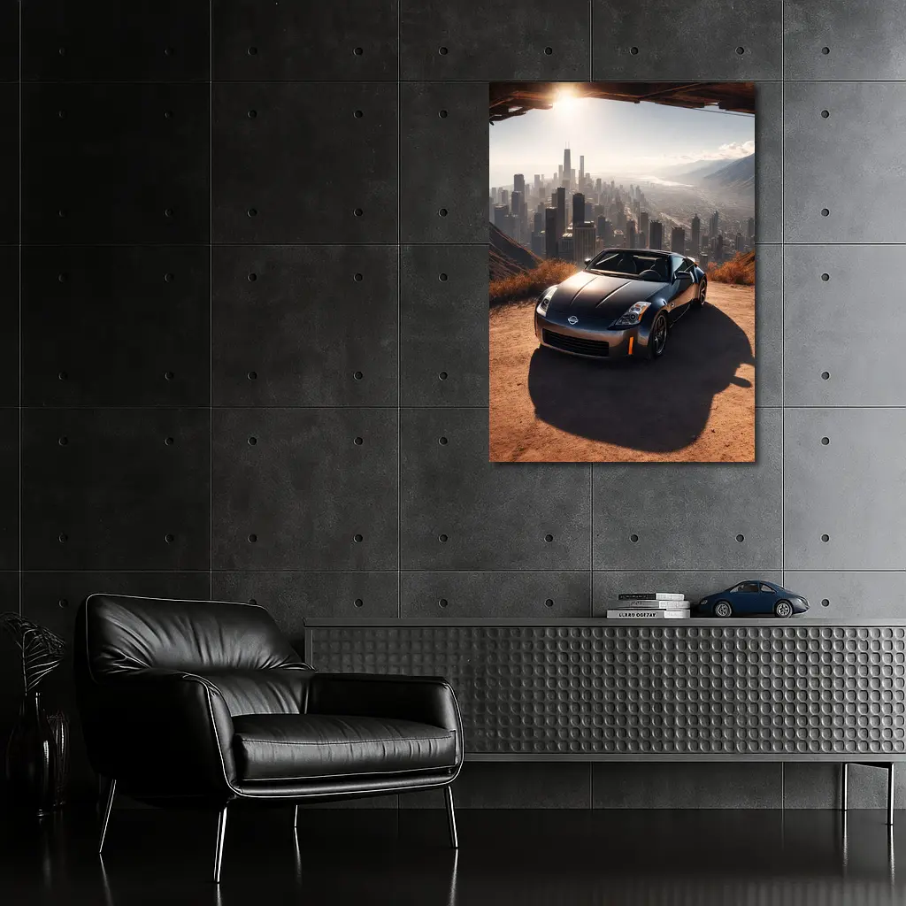Nissan 350Z Parked Above Hazy City Skyline – Wall Art