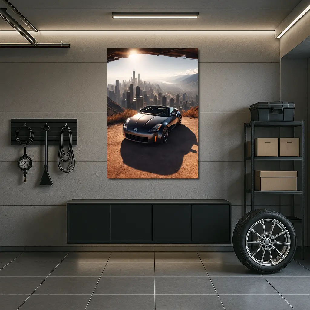 Nissan 350Z Parked Above Hazy City Skyline – Wall Art