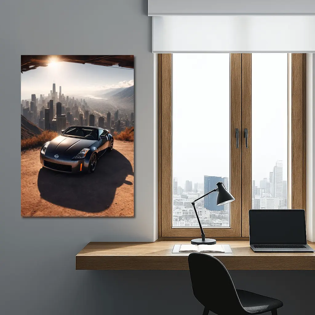 Nissan 350Z Parked Above Hazy City Skyline – Wall Art
