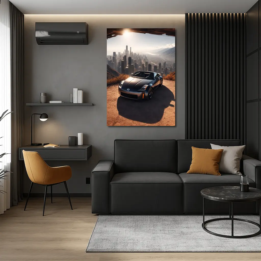 Nissan 350Z Parked Above Hazy City Skyline – Wall Art