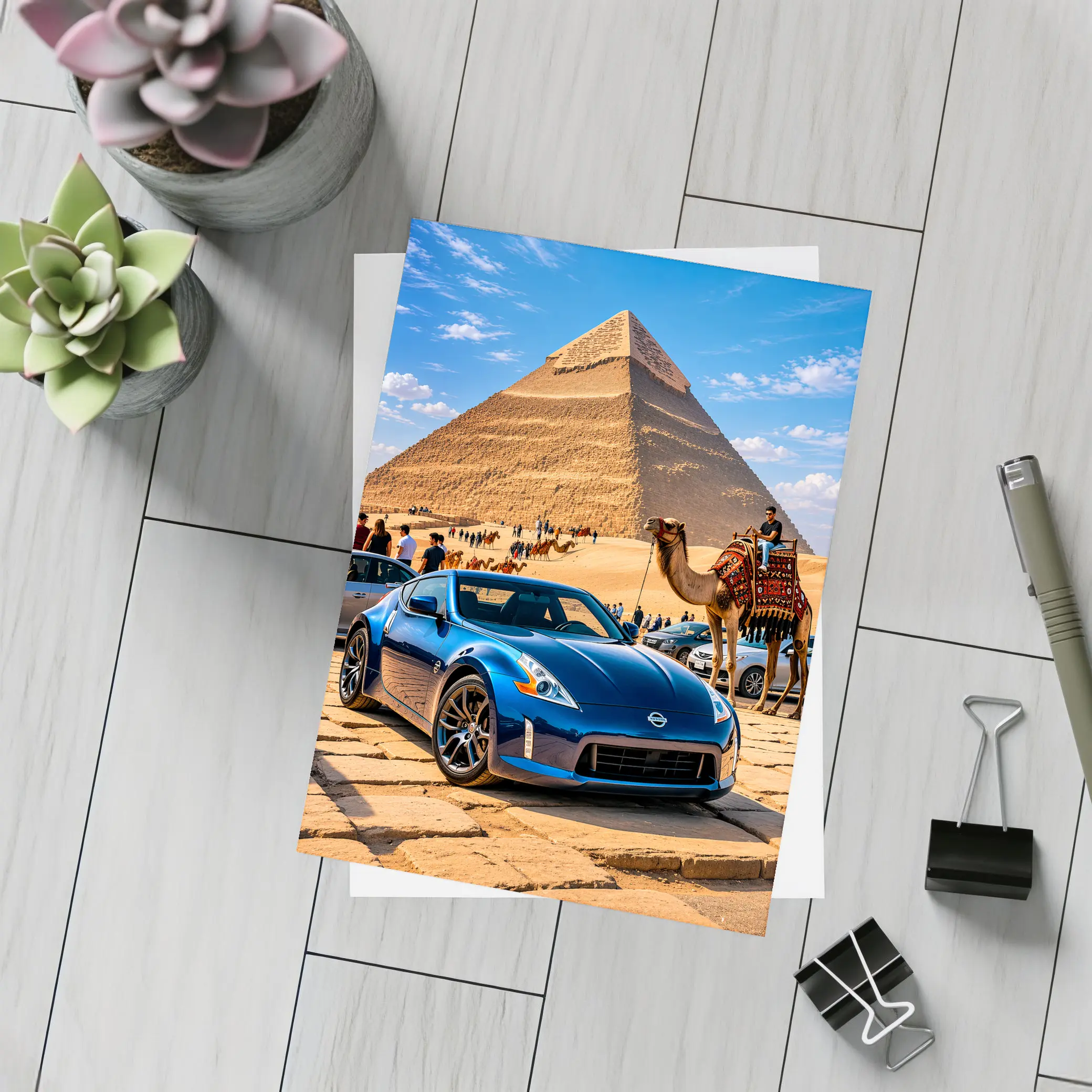 Nissan 370Z Blue Sports Car Egypt Pyramids – Postcards