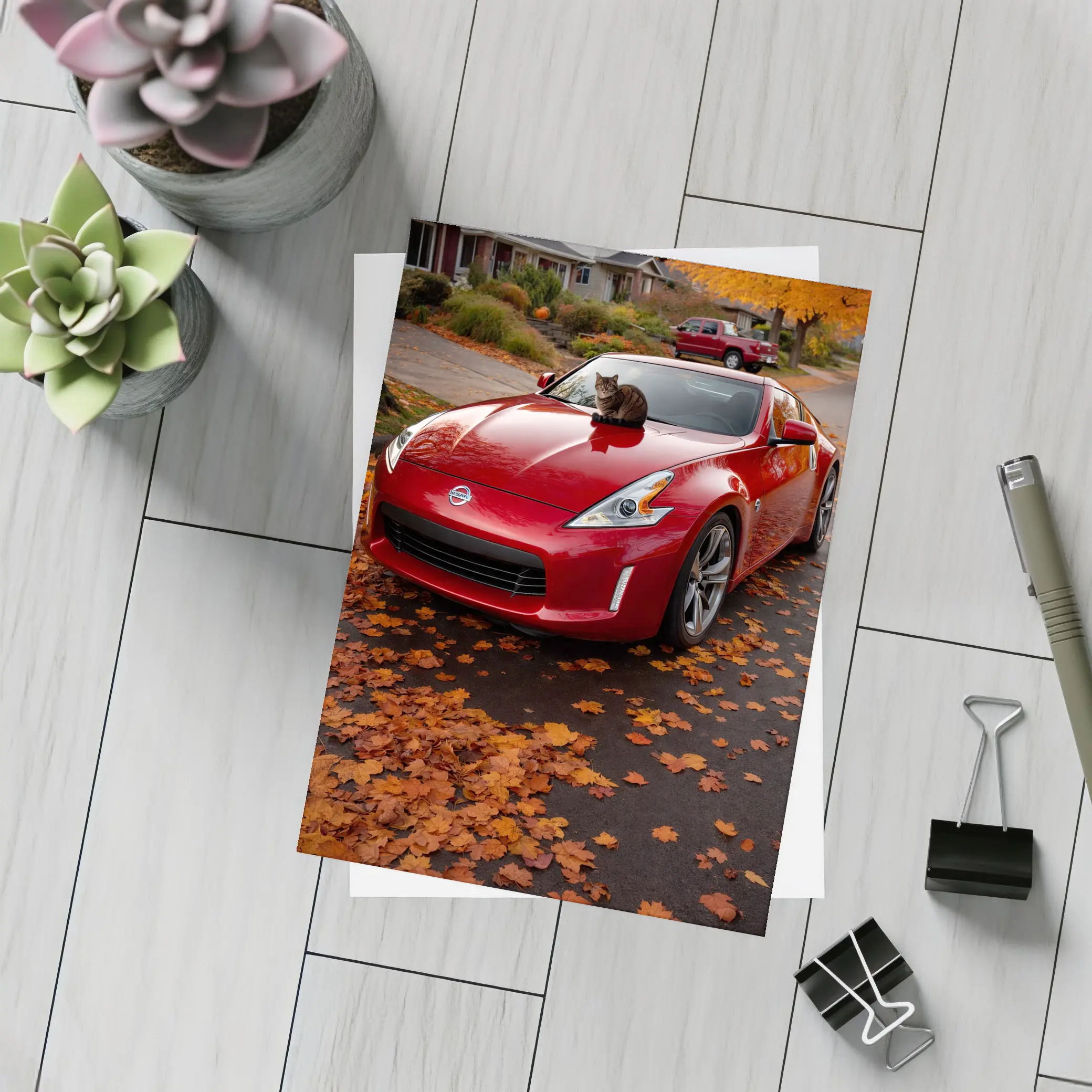 Nissan 370Z Red Sports Car Autumn Street – Postcards