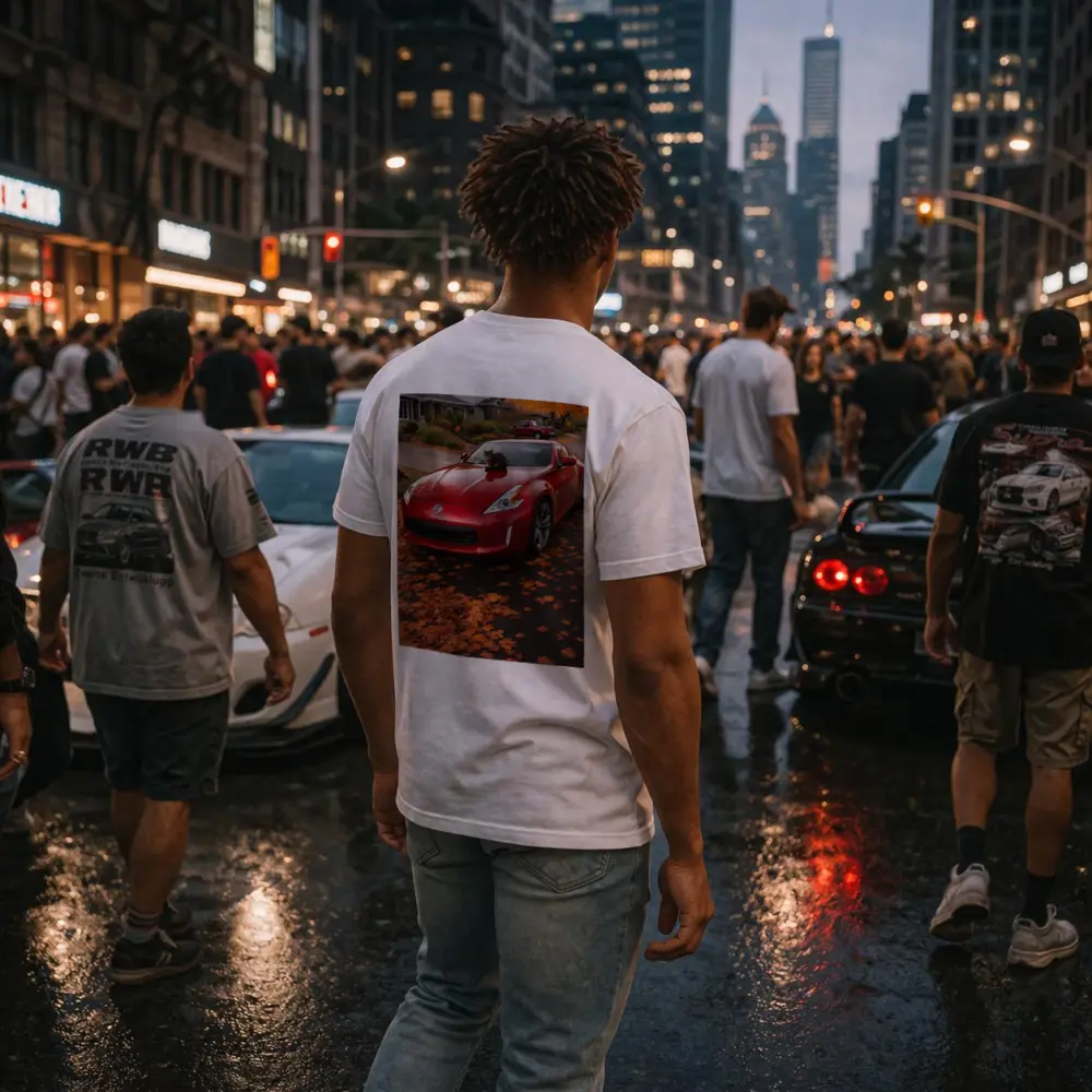 Nissan 370Z Red Sports Car Autumn Street – T-Shirts