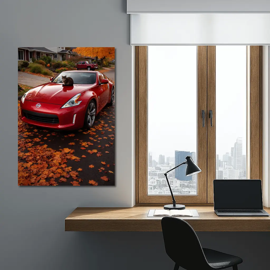 Nissan 370Z Red Sports Car Autumn Street – Wall Art