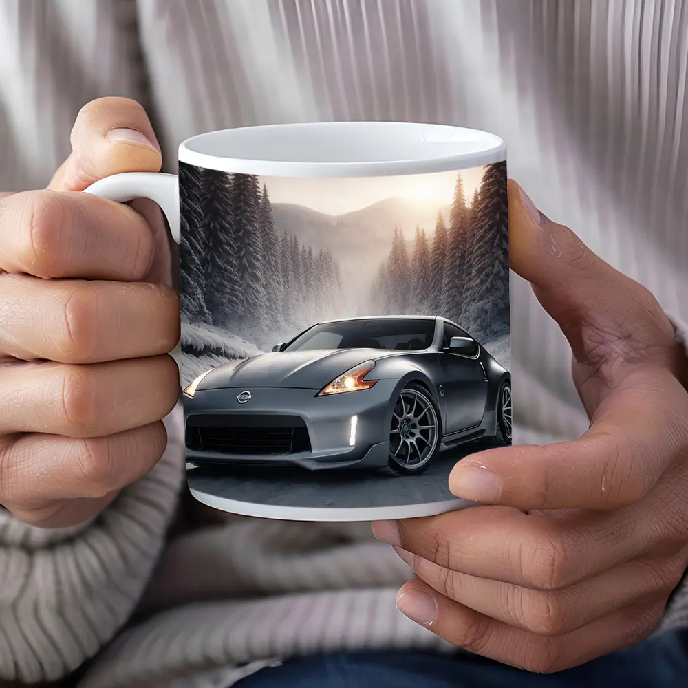 Nissan 370Z Silver Sports Car Winter Forest – Mugs