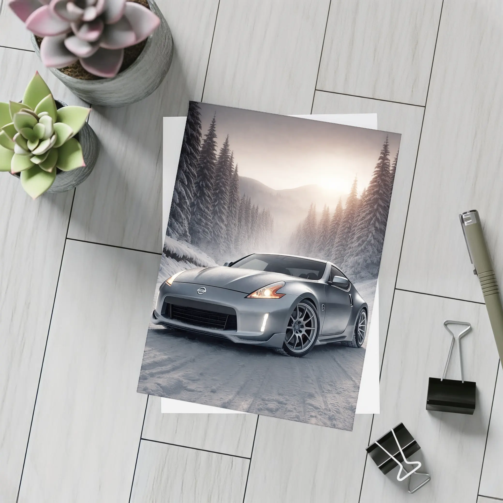 Nissan 370Z Silver Sports Car Winter Forest – Postcards