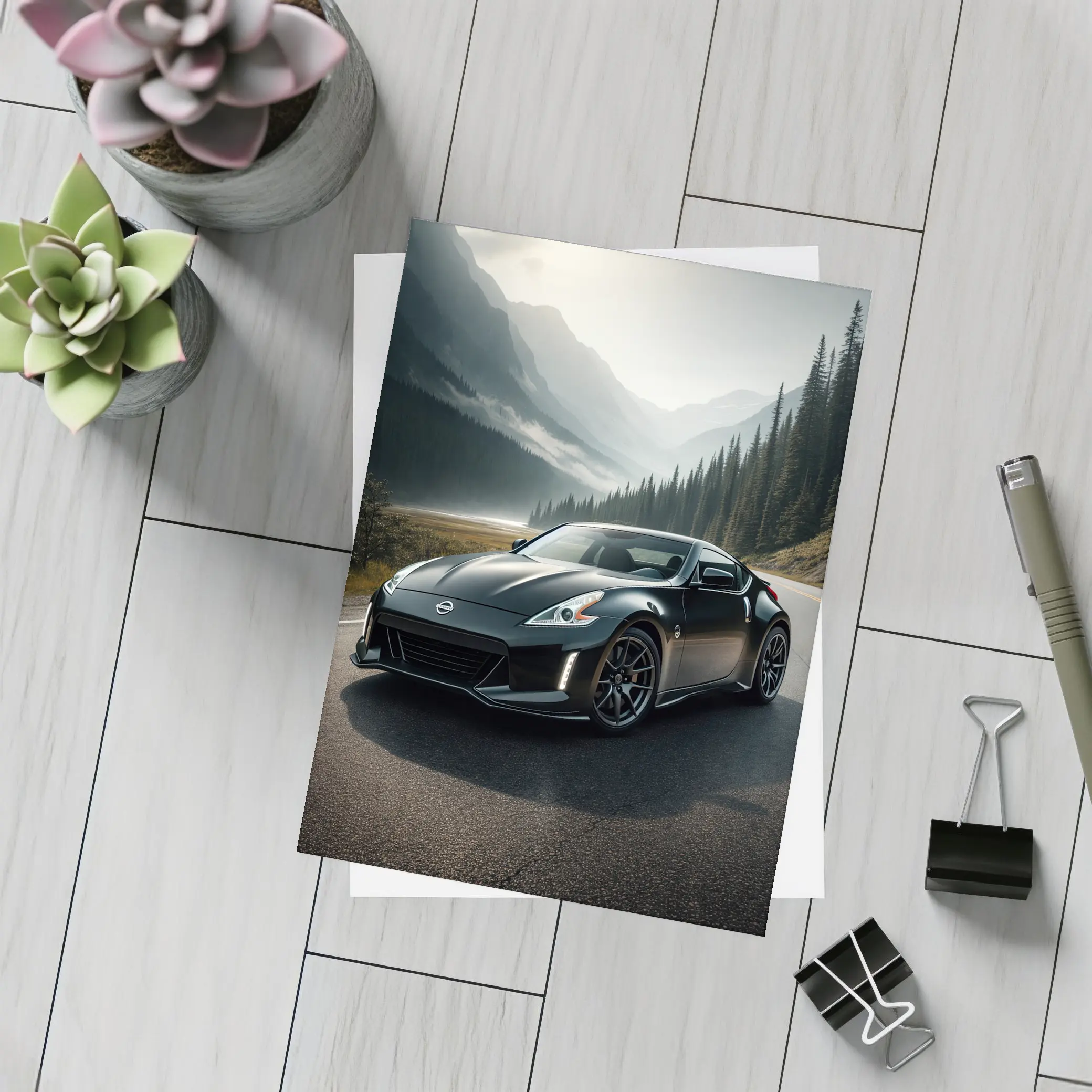 Nissan 370Z Black Sports Car Mountain Road – Postcards
