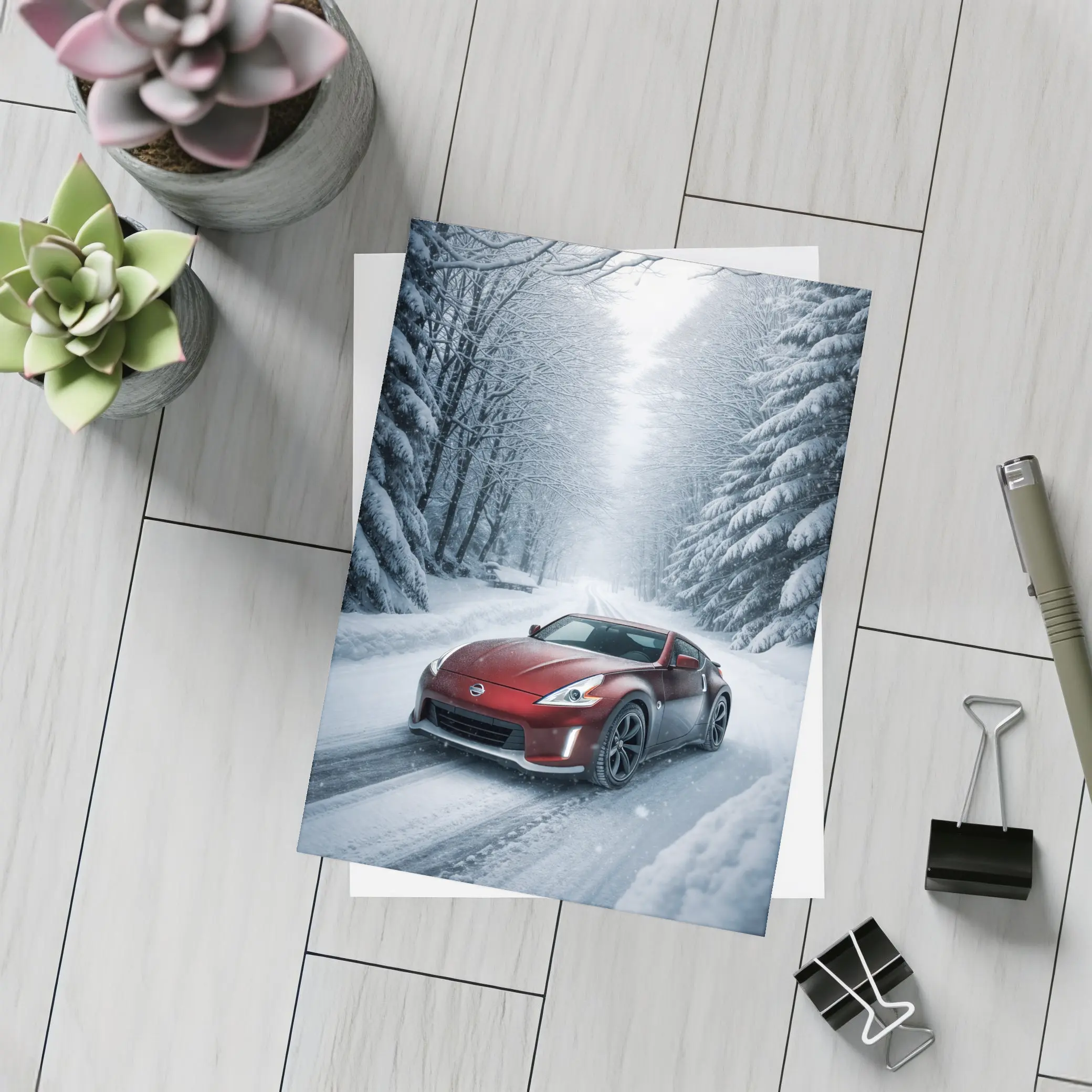Nissan 370Z Red Sports Car Snowy Forest – Postcards